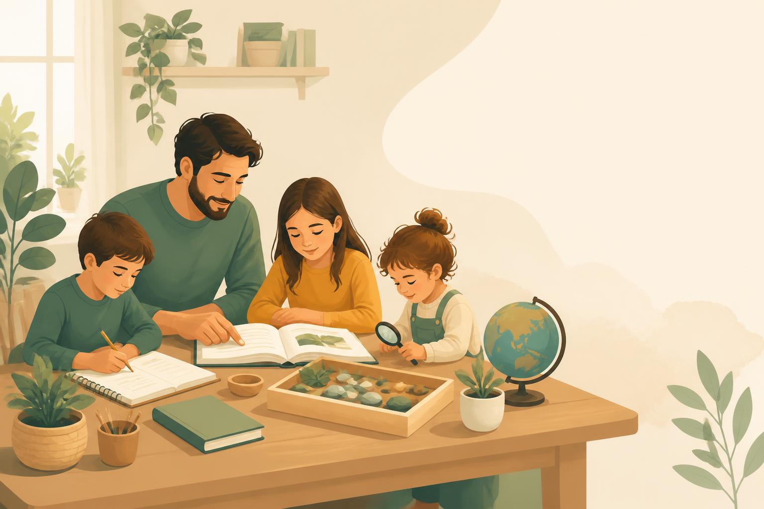 Illustration of a parent and children learning together at home